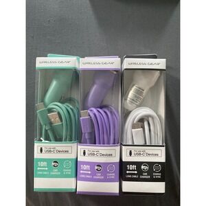 Wireless Gear 3pk USB-C Car Charger 10ft Cable‎ Dual USB Port Teal Purple White